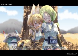 Rule 34 | 10s, 2girls, animal ears, blonde hair, blurry, blurry background, bow, bowtie, bucket hat, camouflage, crying, crying with eyes open, elbow gloves, closed eyes, glasses, gloves, green hair, hat, hat feather, high-waist skirt, kemono friends, long hair, lucky beast (kemono friends), mirai (kemono friends), multiple girls, on ground, open mouth, serval (kemono friends), serval print, serval tail, short hair, shorts, skirt, sleeveless, smile, striped tail, tail, tears, translation request, tree, yanagita kousuke