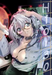 Rule 34 | 1girl, blue eyes, breasts, chalk, character request, cleavage, female focus, glasses, headset, large breasts, long hair, military, military uniform, monitor, navy, no bra, open clothes, open shirt, shirt, solo, source request, trackball, uniform, white hair, yitsuse masami