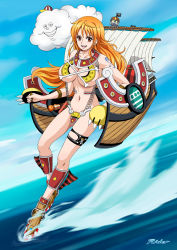 Rule 34 | 1girl, blush, breasts, brown eyes, collarbone, full body, highres, large breasts, long hair, looking at viewer, mecha musume, nami (one piece), navel, no bra, ocean, one piece, open mouth, orange hair, rider (orange couture), smile, tattoo, thousand sunny, underboob, zeus (one piece)