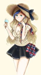 Rule 34 | 1girl, anchor hair ornament, aqua eyes, black skirt, blonde hair, breasts, cleavage, commandant teste (kancolle), cowboy shot, food, hair ornament, hat, hat ribbon, highres, ice cream, kantai collection, long hair, looking at viewer, low-cut, medium breasts, multicolored clothes, multicolored hair, multicolored scarf, plaid, plaid scarf, ribbon, scarf, simple background, skirt, smile, solo, streaked hair, sun hat, swept bangs, wavy hair, xiao yi