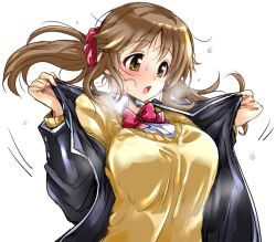 Rule 34 | 1girl, black jacket, blush, breasts, brown eyes, brown hair, cardigan, hair ornament, hair scrunchie, hirowa nagi, holding, holding clothes, hot, idolmaster, idolmaster cinderella girls, idolmaster cinderella girls starlight stage, jacket, large breasts, long hair, long sleeves, looking at another, neck ribbon, open mouth, red ribbon, ribbon, scrunchie, shirt, solo, sweat, sweatdrop, totoki airi, twintails, undressing, white shirt, yellow cardigan