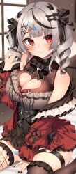 1girl absurdres bare_shoulders belt_buckle black_hair black_skirt blush braid breasts buckle cleavage cleavage_cutout closed_mouth clothing_cutout commentary_request drill_hair grey_hair grey_shirt heart heart-shaped_buckle heart-shaped_lock highres hololive jacket jun_(aousa0328) large_breasts long_hair looking_at_viewer multicolored_hair off_shoulder official_alternate_costume red_eyes red_jacket sakamata_chloe sakamata_chloe_(jirai_kei) shirt sitting skirt smile solo streaked_hair twin_drills virtual_youtuber wariza