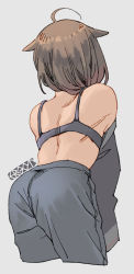 Rule 34 | 1girl, ahoge, ass, back, black bra, black pants, bra, brown hair, commentary request, cropped legs, ergot, from behind, grey background, hair flaps, highres, kantai collection, pants, shigure (kancolle), shigure kai ni (kancolle), signature, simple background, solo, underwear, undressing