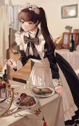 Rule 34 | 1girl, absurdres, apron, arm support, basket, belda34, black bow, black dress, black ribbon, blurry, blurry background, blush, bottle, bow, bowtie, breasts, brown eyes, brown hair, buttons, candle, closed mouth, dress, feet out of frame, food, hair ornament, hand up, highres, indoors, juliet sleeves, korean commentary, lace trim, leaning forward, long hair, long sleeves, looking at viewer, maid, maid headdress, original, picture frame, plate, puffy sleeves, ribbon, sleeve cuffs, small breasts, smile, solo, table, tablecloth, twintails, white apron
