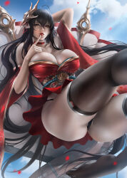 Rule 34 | 1girl, absurdres, ahoge, arm behind head, artist name, ass, azur lane, bare shoulders, black hair, black panties, black thighhighs, blue sky, breasts, choker, cleavage, fine fabric emphasis, finger to mouth, gold trim, hair between eyes, highres, huge breasts, lips, long hair, looking at viewer, mask, mask on head, nail polish, nose, panties, parted lips, red choker, red eyes, sky, solo, taihou (azur lane), thighhighs, thighs, underwear, very long hair, wtparadise