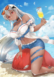 Rule 34 | 1girl, arknights, arm support, bare shoulders, barefoot, black choker, blue shorts, blue sky, blush, breasts, chinese commentary, choker, cleavage, cloud, commentary request, cup, cupping glass, day, drinking straw, eyewear on head, hair between eyes, hair ornament, highres, holding, holding cup, kneeling, large breasts, long hair, looking at viewer, low-tied long hair, nail polish, navel, no headwear, off-shoulder shirt, off shoulder, official alternate costume, red eyes, shirt, short shorts, short sleeves, shorts, silver hair, skadi (arknights), skadi (waverider) (arknights), sky, smile, solo, stomach, sunglasses, tan, thigh strap, thighs, very long hair, whale hair ornament, white shirt, xiaochentan