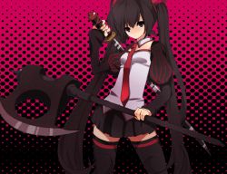 Rule 34 | 1girl, axe, black eyes, black hair, female focus, halftone, halftone background, long hair, necktie, pipetto, skirt, solo, sword, thighhighs, twintails, very long hair, vocaloid, weapon, zatsune miku, zettai ryouiki