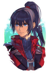 Rule 34 | 1boy, belt, black hair, blue eyes, hair between eyes, hair tie, hungry clicker, jacket, male focus, noah (xenoblade), ponytail, red jacket, shirt, shoulder strap, simple background, solo, sweater, turtleneck, turtleneck sweater, upper body, white background, xenoblade chronicles (series), xenoblade chronicles 3