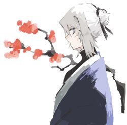 Rule 34 | 1girl, black kimono, black ribbon, blue eyes, branch, closed mouth, enaxtro, faust (project moon), flower, hair bun, highres, japanese clothes, kimono, limbus company, looking at viewer, plum blossoms, project moon, ribbon, simple background, solo, upper body, white background