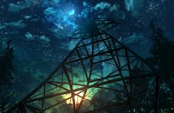 Rule 34 | abisswalker8, cloud, commentary, dawn, full moon, highres, moon, night, night sky, no humans, original, outdoors, scenery, sky, star (sky), starry sky, sun, sunlight, transmission tower, tree