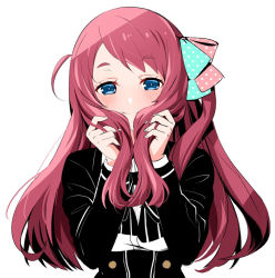 Rule 34 | 1girl, black dress, black neckwear, blue eyes, blush, bow, closed mouth, commentary, da huang, dress, green bow, hair bow, half-closed eyes, holding, holding own hair, long hair, long sleeves, looking at viewer, minamoto sakura, pink bow, pink hair, polka dot, polka dot bow, simple background, smile, solo, swept bangs, two-tone bow, upper body, white background, zombie land saga