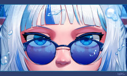 Rule 34 | 1girl, blue-tinted eyewear, blue-tinted glasses, blue eyes, blue hair, bubble, close-up, commentary, english commentary, gawr gura, highres, hololive, hololive english, kikino, looking over eyewear, looking over glasses, minecraft, multicolored hair, nose, reflection, silver hair, skyline, solo, streaked hair, sunglasses, tinted eyewear, two side up, virtual youtuber, water