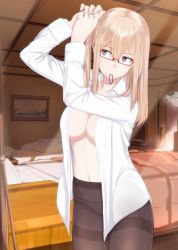 Rule 34 | 10s, 1girl, adjusting hair, arms up, bed, bed sheet, bedroom, bespectacled, black panties, black pantyhose, blonde hair, bow, bow panties, breasts, ceiling, cleavage, closed mouth, collarbone, collared shirt, comforter, cowboy shot, desk lamp, dress shirt, dressing, expressionless, eyes visible through hair, framed image, from outside, glasses, glint, graf zeppelin (kancolle), hair between eyes, hair tie, industrial pipe, inkwell, invisible, invisible window, jewelry, kantai collection, lamp, large breasts, long hair, long sleeves, looking to the side, midriff, mouth hold, navel, nib pen (object), no pants, open clothes, open shirt, osterei, panties, panties under pantyhose, pantyhose, pen, picture frame, pillow, pink bow, purple eyes, red-framed eyewear, ring, seamed legwear, see-through silhouette, semi-rimless eyewear, shirt, side ponytail, sidelocks, solo, standing, thighband pantyhose, tile ceiling, tiles, toned, unbuttoned, unbuttoned shirt, under-rim eyewear, underboob, underwear, wedding band, white shirt, wing collar