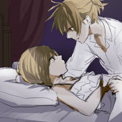 Rule 34 | 1boy, 1girl, bed, blonde hair, brother and sister, couple, hetero, incest, kagamine len, kagamine rin, short hair, siblings, twincest, twins, vocaloid