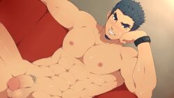 Rule 34 | 1boy, abs, bacchikoi!, bara, beard, black eyes, black hair, black wristband, bulge, clothes lift, collaboration, completely nude, couch, cowboy shot, facial hair, flaccid, food print, hand on own cheek, hand on own face, indoors, looking at viewer, male focus, mazjojo, mikkoukun, muscular, muscular male, nipples, non-web source, nude, pectorals, penis, shirt, shirt lift, short hair, solo, tadano genji, testicles, thick eyebrows, variant set, watch, wristwatch, zamius
