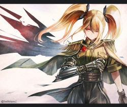 Rule 34 | 1girl, black bow, blonde hair, bow, breast pocket, cape, dress shirt, floating hair, gauntlets, green cape, green shirt, grey pants, hair bow, letterboxed, long hair, looking to the side, military, military uniform, one eye closed, original, pants, pocket, prosthesis, prosthetic arm, scar, scar across eye, shirt, solo, standing, sushi (sashimise), twintails, uniform, very long hair, yellow eyes