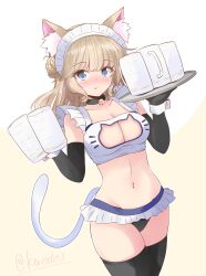 Rule 34 | 1girl, alternate costume, animal ears, beer mug, black gloves, black thighhighs, blue eyes, braid, breasts, cat cutout, cat ears, cat lingerie, cat tail, cleavage, clothing cutout, cup, elbow gloves, frilled panties, frills, gloves, hair bun, highres, kantai collection, large breasts, light brown hair, long hair, meme attire, mug, one-hour drawing challenge, panties, ranger (kancolle), shizuna kaede, side braids, simple background, single side bun, solo, standing, tail, thighhighs, tray, underwear, underwear only, waitress, white background, wrist cuffs