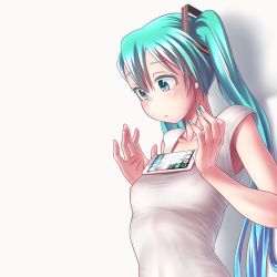 Rule 34 | 00s, 1girl, aqua eyes, aqua hair, aqua nails, breast conscious, breasts, cellphone, collarbone, colored eyelashes, covered erect nipples, earrings, fingernails, from side, hair ornament, hands up, hatsune miku, jewelry, light frown, long hair, looking down, meme, nail polish, nipples, no bra, phone, see-through, shirt, sleeveless, sleeveless shirt, small breasts, smartphone, solo, stud earrings, tank top, tawawa challenge, twintails, vocaloid, white background, white shirt, wokada