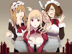 Rule 34 | 3girls, blonde hair, blush, bottle, breasts, cleavage, closed eyes, curly hair, earrings, expressionless, glasses, green eyes, jewelry, large breasts, lipstick, long hair, maid headdress, makeup, mikoto akemi, multiple girls, open mouth, original, pointing, short hair, side ponytail, sweatdrop, teeth