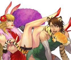 Rule 34 | 10s, 2boys, androgynous, animal ears, animal hands, animal print, asami you, barnaby brooks jr., blonde hair, brown eyes, brown hair, china dress, chinese clothes, crossdressing, dagger, dress, elbow gloves, feather boa, flower, garter straps, glasses, gloves, green eyes, hair flower, hair ornament, hand fan, high heels, kaburagi t. kotetsu, kemonomimi mode, knife, lipstick, makeup, male focus, manly, multiple boys, muscular, nail polish, one eye closed, paw gloves, rabbit ears, scarf, shoes, tail, thigh strap, thighhighs, tiger &amp; bunny, tiger ears, tiger print, tiger tail, weapon, white legwear, wink