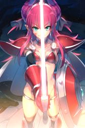 Rule 34 | 1girl, armor, bikini armor, blood, blood on face, blue eyes, breasts, cape, echo (circa), elizabeth bathory (brave) (fate), elizabeth bathory (fate), fate/grand order, fate (series), gauntlets, horns, pauldrons, pink hair, shield, shoulder armor, small breasts, smile, solo, sword, weapon