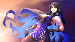 Rule 34 | 1girl, alternate costume, alternate hairstyle, asymmetrical horns, bare shoulders, black hair, blue hair, breasts, colored inner hair, cosplay, demon horns, dress, gloves, goddess of victory: nikke, harran (banquet witch) (nikke), harran (nikke), highres, hololive, hololive english, horns, joeboto, large breasts, long hair, looking at viewer, mole, mole under eye, multicolored hair, nerissa ravencroft, pantyhose, red eyes, smile, two-tone hair, uneven horns, very long hair, virtual youtuber, wavy hair