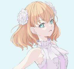 Rule 34 | 1girl, aqua eyes, blue background, breasts, check commentary, cleavage, commentary request, crossed bangs, dress, frilled dress, frills, hair ornament, highres, hinoshita kaho, link! like! love live!, link to the future (love live!), looking at viewer, love live!, medium breasts, medium hair, open mouth, orange hair, pink dress, see-through, see-through cleavage, see-through dress, sleeveless, sleeveless dress, solo, tomoe (tomoe 200), two side up, upper body, virtual youtuber, white dress