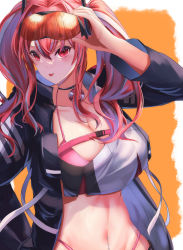 Rule 34 | 1girl, :p, absurdres, adjusting eyewear, arm up, azur lane, bikini, bikini under clothes, black choker, black shorts, blue jacket, blush, breasts, bremerton (azur lane), buckle, choker, cleavage, collarbone, commentary request, cowboy shot, crop top, crop top overhang, eyewear on head, grey hair, groin, hair between eyes, hair intakes, hair ornament, highleg, highleg bikini, highres, hood, hood down, hooded jacket, jacket, large breasts, lifebuoy ornament, long hair, long sleeves, looking at viewer, midriff, multicolored hair, navel, navel piercing, no mole, open clothes, open jacket, orange background, partial commentary, piercing, pink bikini, pink eyes, pink hair, red-tinted eyewear, shorts, sidelocks, smile, snap-fit buckle, solo, standing, streaked hair, sunglasses, swimsuit, tinted eyewear, tongue, tongue out, twintails, two-tone hair, two-tone shirt, yagi (yagi5art)