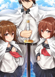 Rule 34 | 10s, 1boy, 28aarts, 2girls, absurdres, admiral (kancolle), black hair, black skirt, brown eyes, brown hair, cape, collarbone, hair between eyes, hair ornament, hairclip, hand on own hip, highres, holding, holding sword, holding weapon, ikazuchi (kancolle), inazuma (kancolle), kantai collection, military, military uniform, multiple girls, pleated skirt, school uniform, serafuku, sheath, sheathed, shirt, short hair, skirt, smile, standing, sword, uniform, weapon, white shirt