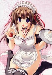 Rule 34 | 1girl, :o, absurdres, apron, blue eyes, blush, breasts, brown hair, cake, cleavage, collar, food, frills, fruit, hair ribbon, hairband, highres, kiss to lord to darjeeling, kneeling, large breasts, maid headdress, naked apron, nanase yuuna, open mouth, pastry, pov feeding, ribbon, solo, spoon, strawberry, takanae kyourin, thighhighs, tray, waitress
