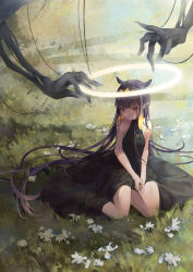 Rule 34 | 1girl, absurdres, animal ears, black dress, black hair, blue eyes, blush, closed mouth, day, dress, extra ears, full body, glowing, gradient hair, halo, highres, hololive, hololive english, long hair, looking at viewer, meadow, meiyan (boyimachao), monster, multicolored hair, ninomae ina&#039;nis, on grass, on ground, orange hair, outdoors, own hands together, pointy ears, sitting, sleeveless, sleeveless dress, sunlight, tentacle hair, very long hair, virtual youtuber, yokozuwari