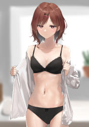 Rule 34 | 1girl, absurdres, black bra, black panties, blurry, blurry background, blush, bow, bow bra, bow panties, bra, breasts, cleavage, collarbone, cowboy shot, depth of field, embarrassed, furrowed brow, gluteal fold, hair ornament, hairclip, hairpin, highres, higuchi madoka, idolmaster, idolmaster shiny colors, indoors, lace, lace-trimmed bra, lace-trimmed panties, lace trim, lingerie, looking at viewer, mole, mole under eye, navel, open clothes, open shirt, panties, red eyes, red hair, shirt, short hair, small breasts, solo, underwear, wavy hair, white shirt, yamada no orochi