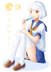 Rule 34 | 1girl, alternate hair length, alternate hairstyle, ass, blue hair, blue skirt, blunt bangs, brown footwear, commentary request, english text, expressionless, fingernails, food, full body, hand on own knee, hand up, highres, holding, holding food, ji dao ji, knees up, le fantasque (warship girls r), legs, light blue hair, loafers, looking away, melting, miniskirt, neckerchief, open mouth, orange eyes, orange neckerchief, panties, pantyshot, pleated skirt, popsicle, puffy short sleeves, puffy sleeves, school uniform, serafuku, shoes, short hair, short sleeves, simple background, sitting, skirt, solo, thighhighs, underwear, warship girls r, white background, white panties, white thighhighs