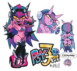 Rule 34 | 1girl, ?, ahegao, ass, ass tattoo, bikini, blue hair, boots, bracelet, breasts, butt crack, cleavage, colored sclera, colored skin, demon girl, gashi-gashi, headphones, heart, high heel boots, high heels, horns, jewelry, long hair, micro bikini, monster girl, multicolored hair, multiple views, original, pink eyes, pink hair, pink skin, sharp teeth, spiked bracelet, spikes, stitches, swimsuit, tattoo, teeth, tongue, tongue out, underboob, wide hips, yellow sclera