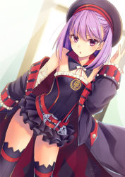 Rule 34 | 1girl, bare shoulders, belt, black thighhighs, blush, commentary request, curtains, detached sleeves, dutch angle, fate/grand order, fate (series), flat chest, hat, helena blavatsky (fate), helena blavatsky (third ascension) (fate), jacket, looking at viewer, purple eyes, purple hair, sefirot, short hair, solo, strapless, thighhighs, tobade (tbdfactory)