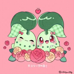 Rule 34 | blush, bow, chikorita, closed eyes, closed mouth, creatures (company), flower, game freak, gen 2 pokemon, hand up, heart, leaf, mochopaccho, nintendo, open mouth, pink bow, plaid, pokemon, polka dot, polka dot background, red eyes, red flower, red rose, rose, smile, twitter username, yellow flower, yellow rose