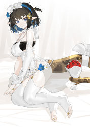 Rule 34 | 1girl, absurdres, arknights, bare shoulders, black hair, blue eyes, bouquet, breasts, bride, earrings, elbow gloves, eunectes (arknights), flower, garter straps, gloves, grin, hairband, highres, impossible clothes, jewelry, looking at viewer, pointy ears, renxzd, short hair, sitting, smile, solo, tail, thighhighs, toeless legwear, white gloves, white thighhighs