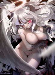 Rule 34 | 1girl, angel wings, breasts, clenched teeth, completely nude, covering nipples, covering privates, demon girl, halo, helltaker, heterochromia, highres, horns, large breasts, long hair, looking at viewer, lucifer (helltaker), mole, mole under eye, navel, noah (tettsui-sole), nude, red eyes, smile, solo, tears, teeth, twitter username, white eyes, white hair, white horns, white wings, wings