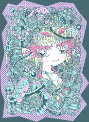 Rule 34 | 1girl, :3, absurdres, aqua border, blonde hair, blush, border, cable, closed mouth, colored eyelashes, crocodile clip, earrings, electric plug, grey eyes, highres, jewelry, kani tenshinhan, limited palette, looking at viewer, original, pink background, pointy ears, polka dot, polka dot background, portrait, short hair, smile, solo, thick eyebrows