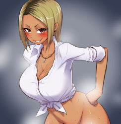 Rule 34 | 1girl, blonde hair, blush, breasts, cleavage, dress shirt, earrings, gyaru, hand on own hip, jewelry, large breasts, majin (marcia), naughty face, necklace, no pants, shirt, tied shirt