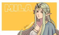 Rule 34 | 1girl, breasts, closed mouth, cm lynarc, dragon girl, dragon horns, fire emblem, fire emblem echoes: shadows of valentia, green hair, hair ornament, horns, large breasts, long hair, looking at viewer, mila (fire emblem), nintendo, yellow eyes