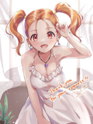 Rule 34 | 1girl, artist name, blush, breasts, brown hair, cleavage, commission, dragon quest, dragon quest viii, dress, english text, highres, indoors, jessica albert, jewelry, looking at viewer, momon mc, necklace, open mouth, red eyes, short twintails, skeb commission, solo, sundress, twintails