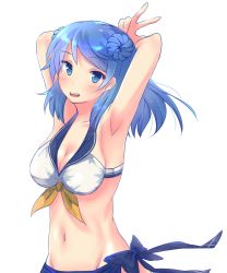Rule 34 | 10s, 1girl, absurdres, armpits, arms up, bikini, blue eyes, blue hair, breasts, cleavage, double bun, highres, kantai collection, large breasts, looking at viewer, matching hair/eyes, rain yadori, sarong, smile, solo, swimsuit, urakaze (kancolle), v, white background