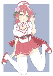 Rule 34 | 1girl, absurdres, ahoge, alternate costume, bad id, bad twitter id, blue background, breasts, cleavage, cleavage cutout, clothing cutout, donguri suzume, female focus, flower, full body, green eyes, hair between eyes, hair flower, hair ornament, hairclip, hat, highres, hololive, looking at viewer, miniskirt, nurse cap, open mouth, pink hair, sakura miko, sakura miko (old design), seiza, short hair, simple background, sitting, skirt, solo, syringe, thighhighs, virtual youtuber, white thighhighs, zettai ryouiki