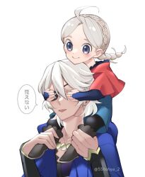 Rule 34 | 1boy, 1girl, 55tohya 2, ahoge, black bridal gauntlets, braid, bridal gauntlets, capelet, father and daughter, fire emblem, fire emblem fates, grey hair, hood, hood down, hooded capelet, low twin braids, low twintails, niles (fire emblem), nina (fire emblem), nintendo, red hood, speech bubble, translation request, twin braids, twintails, white hair