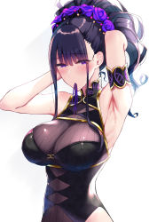 Rule 34 | 1girl, armlet, armpit lips, armpits, arms behind head, arms up, bare shoulders, black one-piece swimsuit, blush, breasts, cleavage, commentary request, fate/grand order, fate (series), flower, gold trim, hair flower, hair ornament, hair tie in mouth, hair up, highleg, highleg swimsuit, highres, large breasts, long hair, mouth hold, murasaki shikibu (fate), murasaki shikibu (swimsuit rider) (fate), murasaki shikibu (swimsuit rider) (first ascension) (fate), one-piece swimsuit, pochi (pochi-goya), purple eyes, purple hair, sidelocks, sweat, swimsuit, tying hair, white background