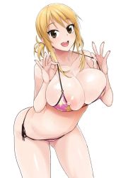 Rule 34 | 1girl, :d, bikini, blonde hair, breasts, brown eyes, cleavage, fairy tail, gluteal fold, huge breasts, large areolae, leaning forward, looking at viewer, lucy heartfilia, navel, nipple slip, nipples, open mouth, pink bikini, print bikini, short twintails, side-tie bikini bottom, simple background, smile, solo, star (symbol), star print, string bikini, swimsuit, tamagoroo, twintails, white background