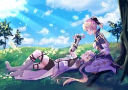 Rule 34 | 2girls, animal ears, arknights, blonde hair, blue capelet, blue eyes, blue sky, bow, cape, capelet, commission, crossover, dandelion, field, flower, genshin impact, hair bow, head wreath, highres, holding head, horse ears, horse girl, jean (genshin impact), lap pillow, long hair, looking at another, lying, lying on lap, multiple girls, nearl (arknights), pants, ponytail, second-party source, sky, smile, tight clothes, tight pants, tree, white cape, yuri