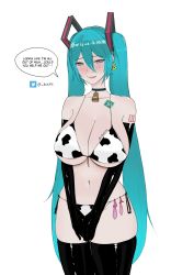 Rule 34 | 1girl, absurdres, animal print, bikini, blue935, blue eyes, blue hair, blush, breasts, condom, condom wrapper, cow print, ear tag, english text, gloves, green eyes, green hair, hatsune miku, highres, huge breasts, latex, latex gloves, latex legwear, milk, shy, solo, swimsuit, thick thighs, thighhighs, thighs, twintails, used condom, vocaloid