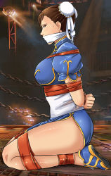 Rule 34 | 1girl, arms behind back, ass, bdsm, body blush, bondage, bound, bound ankles, bound arms, bound legs, bound wrists, breasts, brown eyes, brown hair, bun cover, capcom, chain, chinese clothes, chun-li, cloth gag, double bun, from side, gag, gagged, hair bun, highres, improvised gag, kneeling, large breasts, legs, long legs, looking at viewer, lost one zero, over the mouth gag, seiza, shoes, short hair, sitting, street fighter, sweat, tape, tape bondage